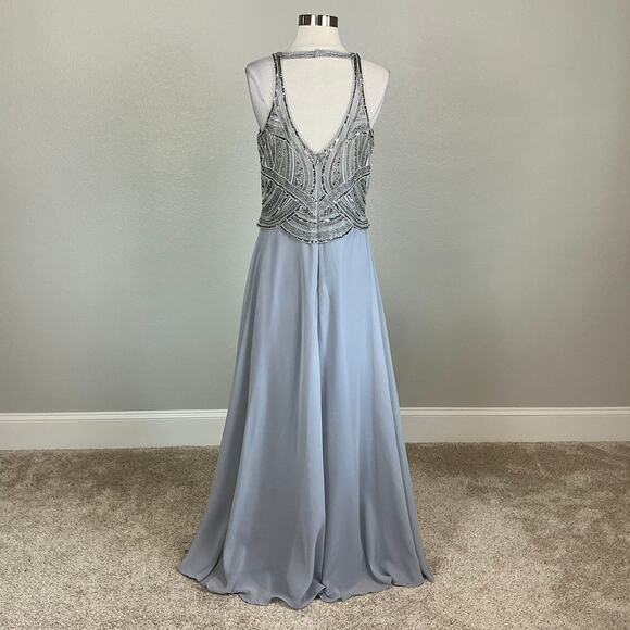 Betsy & Adam Beaded Chiffon Evening Gown Gray Size 8 Cut Out Thigh Slit Formal - Picture 2 of 13